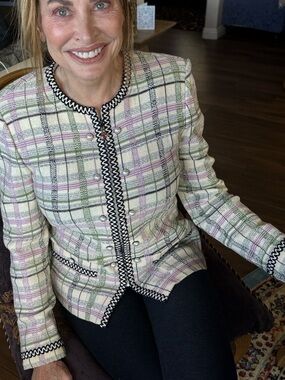 St. John Plaid Tweed Blazer in Cream, Pink & Green